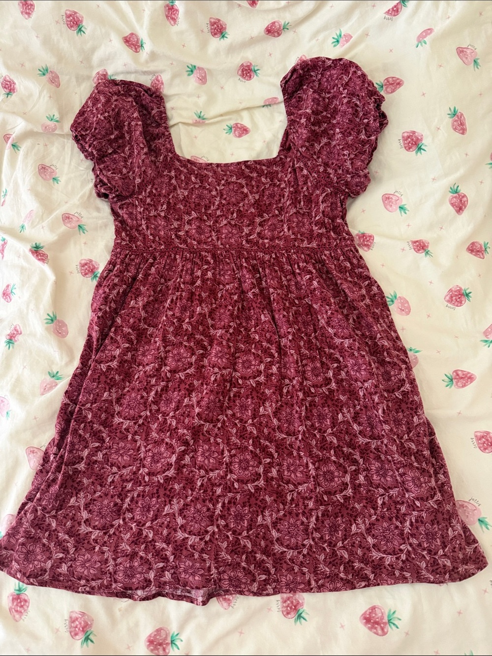 American Eagle Outfitters Burgundy Velvet Smocked Puff Sleeve Dress
